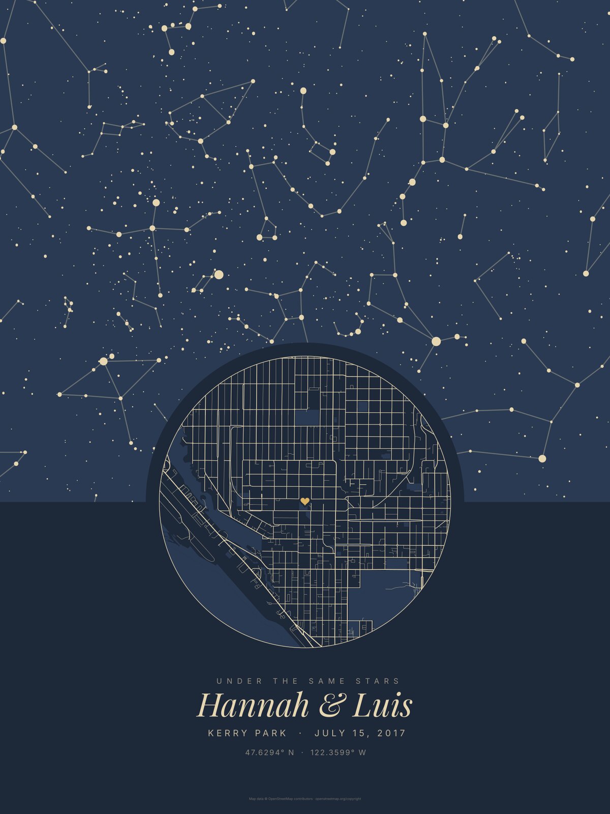 First kiss map print, an example made by the same code that prints the poster: the Navy Under the stars design for Kerry Park, Seattle, on July 15, 2017, with the coordinates of the park under the date