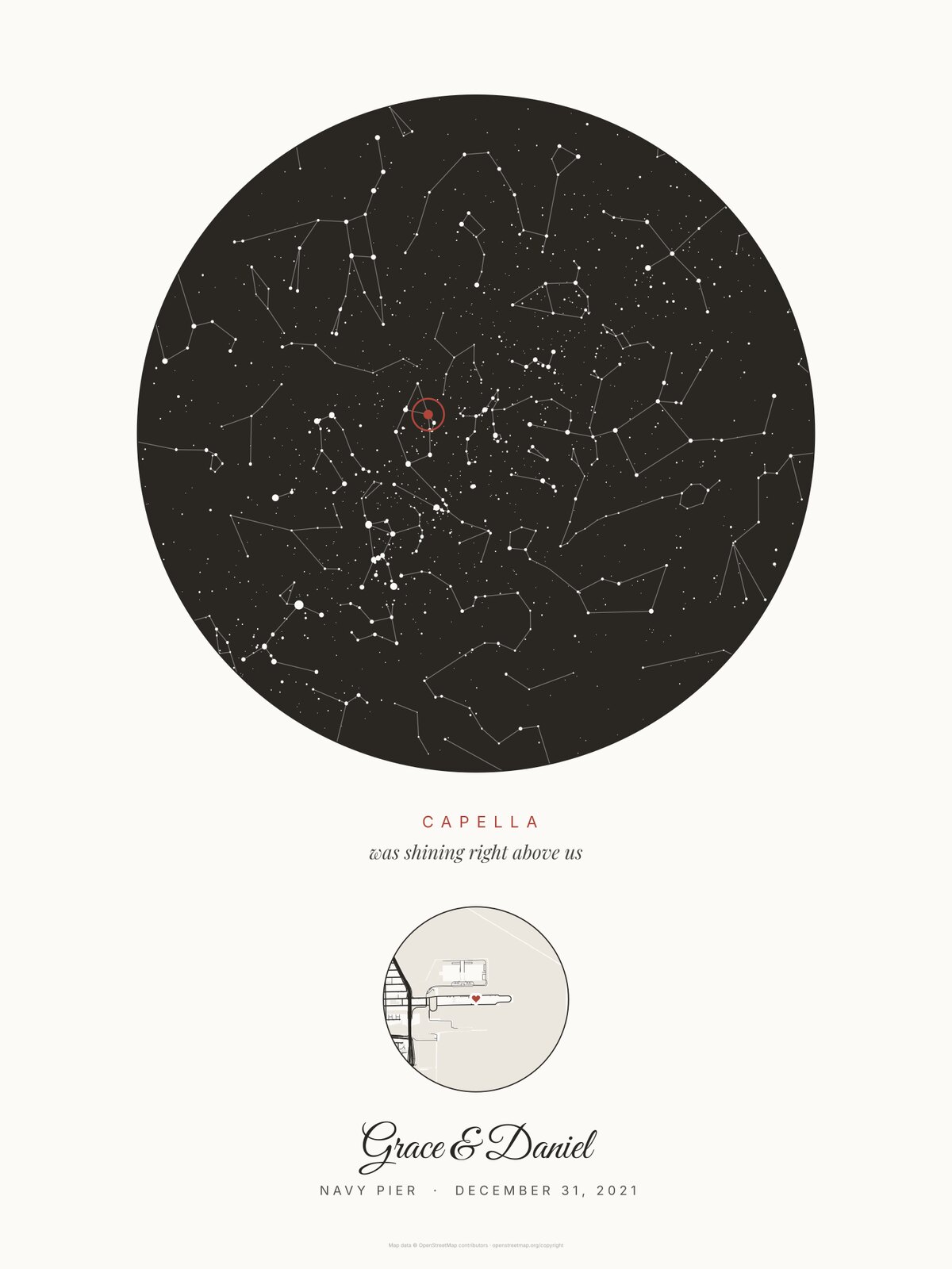 First kiss map print for a New Year's Eve kiss, an example: Our star in Cream for Navy Pier, Chicago, December 31, 2021, Capella in a red ring, the pier in a small circle below, names Grace & Daniel