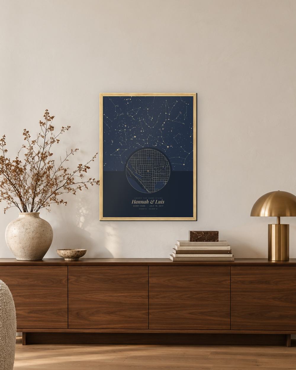 First kiss map in an oak frame above a walnut sideboard, an example: the poster of Kerry Park, Seattle from July 15, 2017 on a living room wall