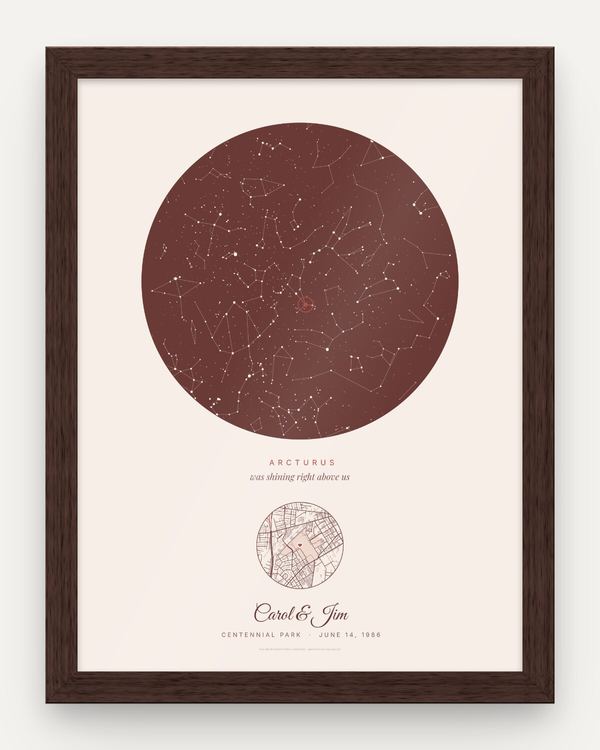 40th anniversary star map in Blush, espresso frame: the night sky over Centennial Park, Nashville on June 14, 1986, with Arcturus circled