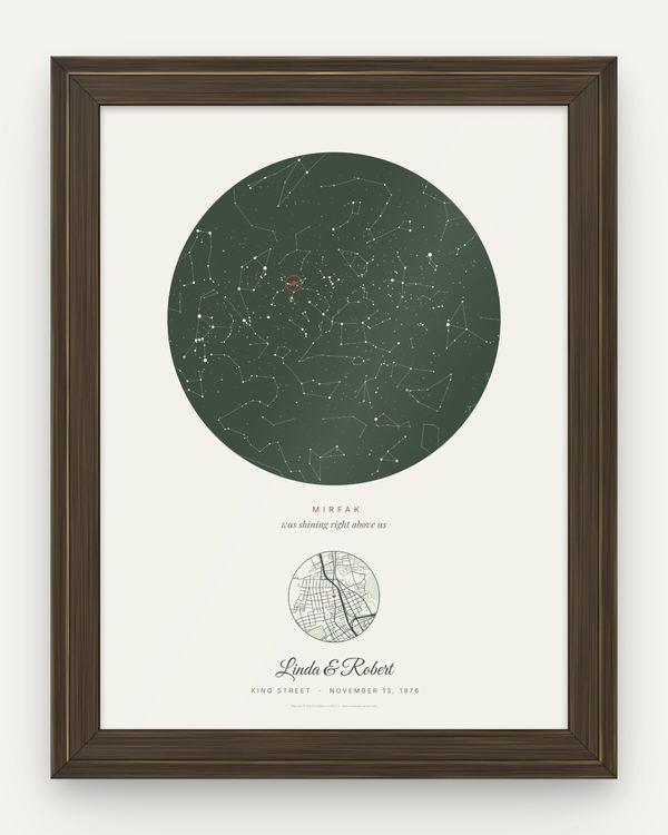 50th anniversary star map in Sage, Our star design, in an espresso and gold frame, 24 x 32 in, for Linda & Robert, King Street, Charleston, Saturday, November 13, 1976, with Mirfak circled and named
