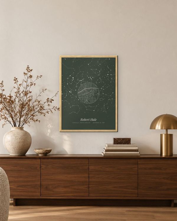 Birthday star map in an oak frame above a walnut sideboard, an example: The whole night in Sage, Asheville, North Carolina, November 28, 1967, name Robert Hale