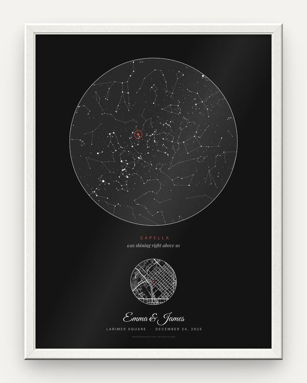 Christmas star map poster in a white frame: black night sky over Larimer Square, Denver, on December 24, 2025, with Capella circled, a small street map and the names Emma and James