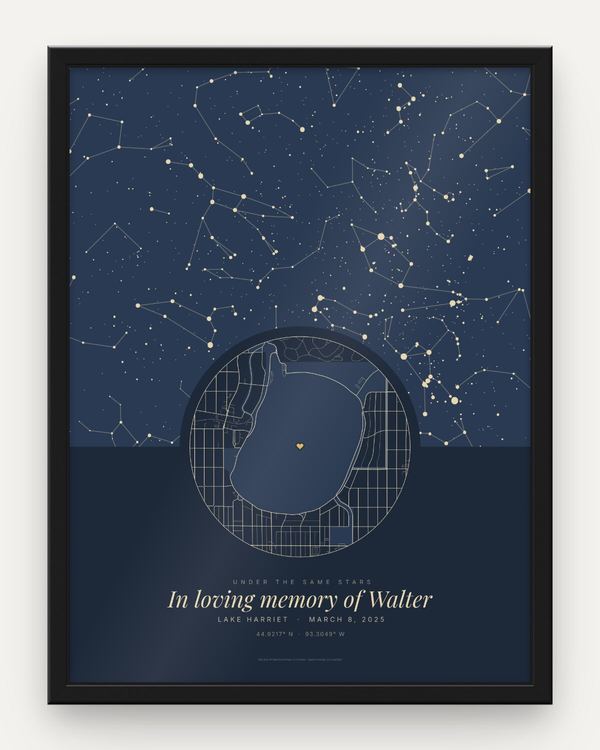 Memorial star map poster in a black frame: navy night sky over Lake Harriet, Minneapolis, on March 8, 2025, a round street map of the lake with a small heart, the line Under the same stars and the words In loving memory of Walter