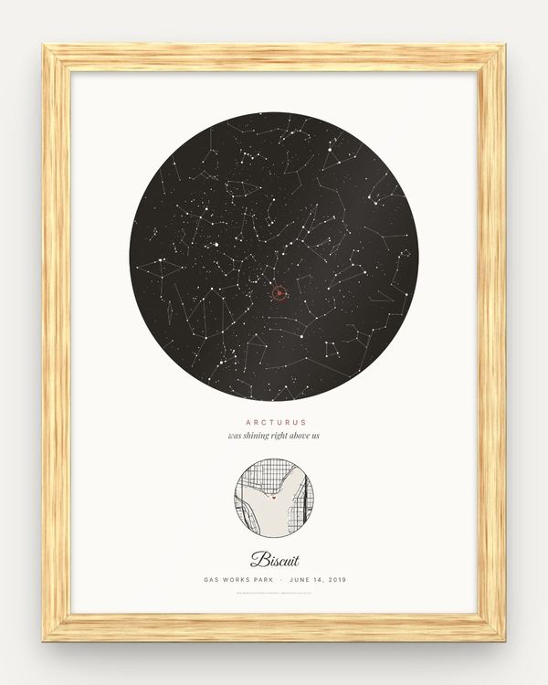 Pet memorial star map in an oak frame: black round night sky over Gas Works Park, Seattle, on June 14, 2019, with Arcturus circled in red, a small street map with a heart and the name Biscuit
