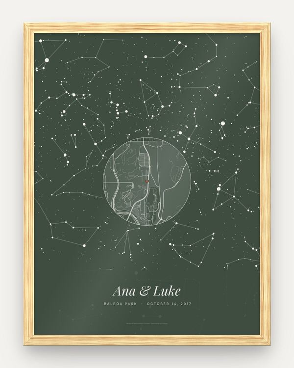 Star map gift for a wife in an oak frame, an example: The whole night in Sage, the sky over Balboa Park, San Diego, on October 14, 2017, a round street map with a heart, and the names Ana & Luke