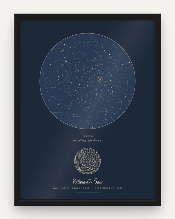 Navy star map in a black frame for Olivia and Sam, Washington Square Park, September 23, 2016, with Vega circled and named above a small street map