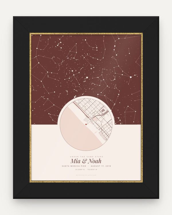 Wedding star map in Blush in a black and gold frame: the night sky over Santa Monica Pier on August 17, 2019, a round street map of the pier, the words Under the same stars and the names Mia & Noah