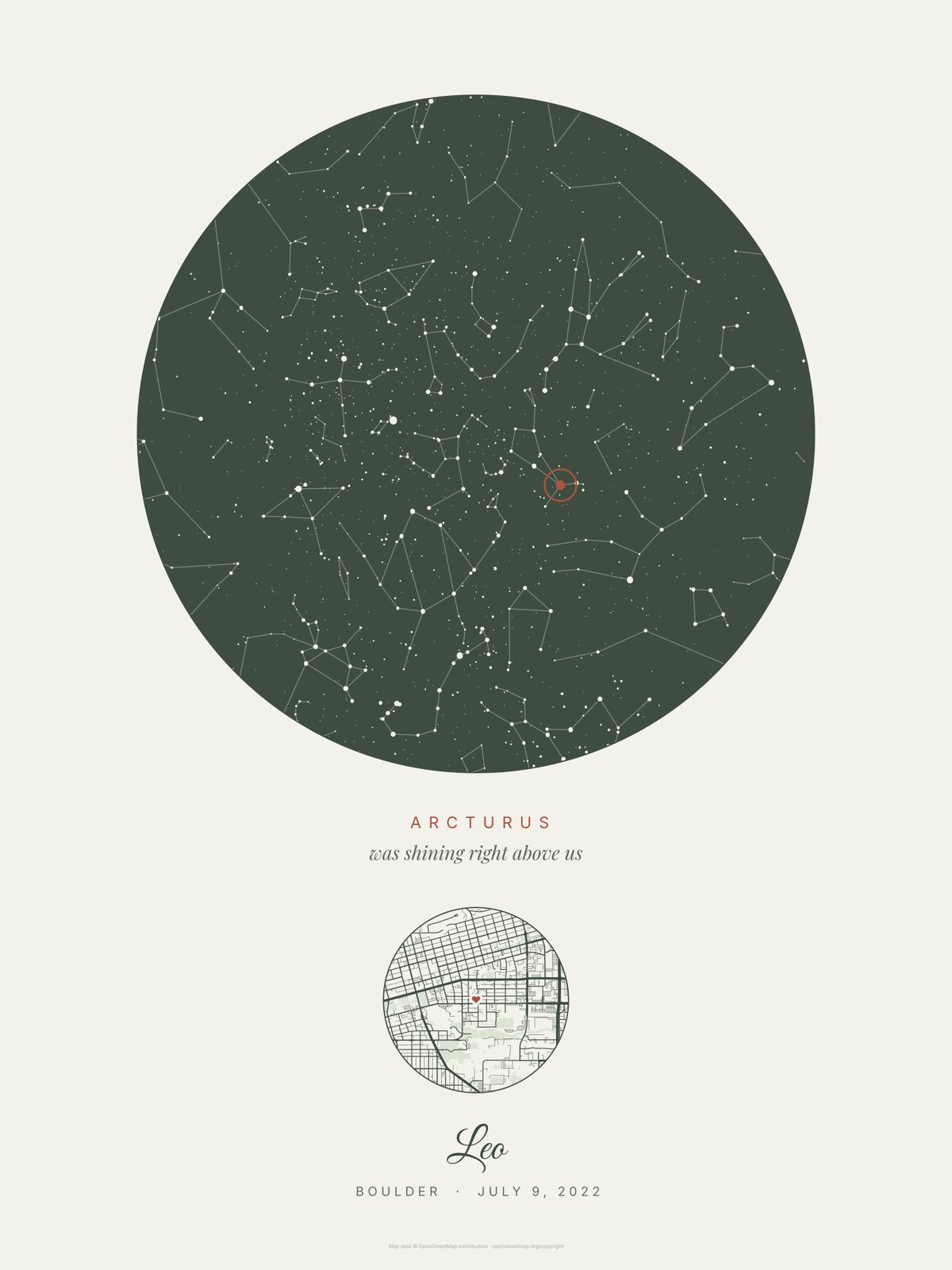 Sibling example in the matching Sage print: the summer sky over Boulder on July 9, 2022, Arcturus circled and named, the town streets with a heart, and the name Leo