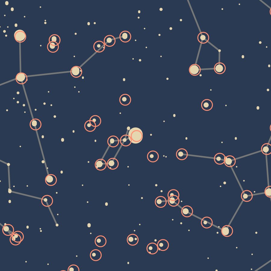 Close-up of the star map for Houston, July 20, 1969, around Vega: the poster's stars with thin coral rings where astronomy-engine puts each bright star, the rings sit on the dots