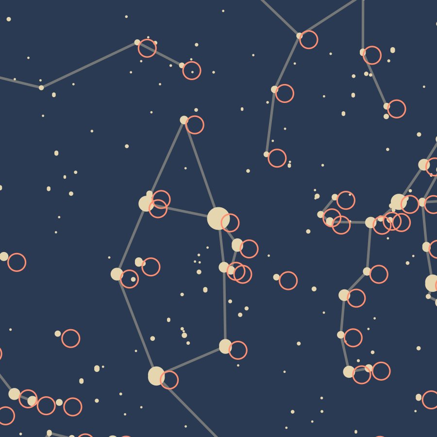 Star map close-up for Times Square on the first night of 1900, near Capella: the coral rings from astronomy-engine sit a little beside the poster's stars, all shifted the same way