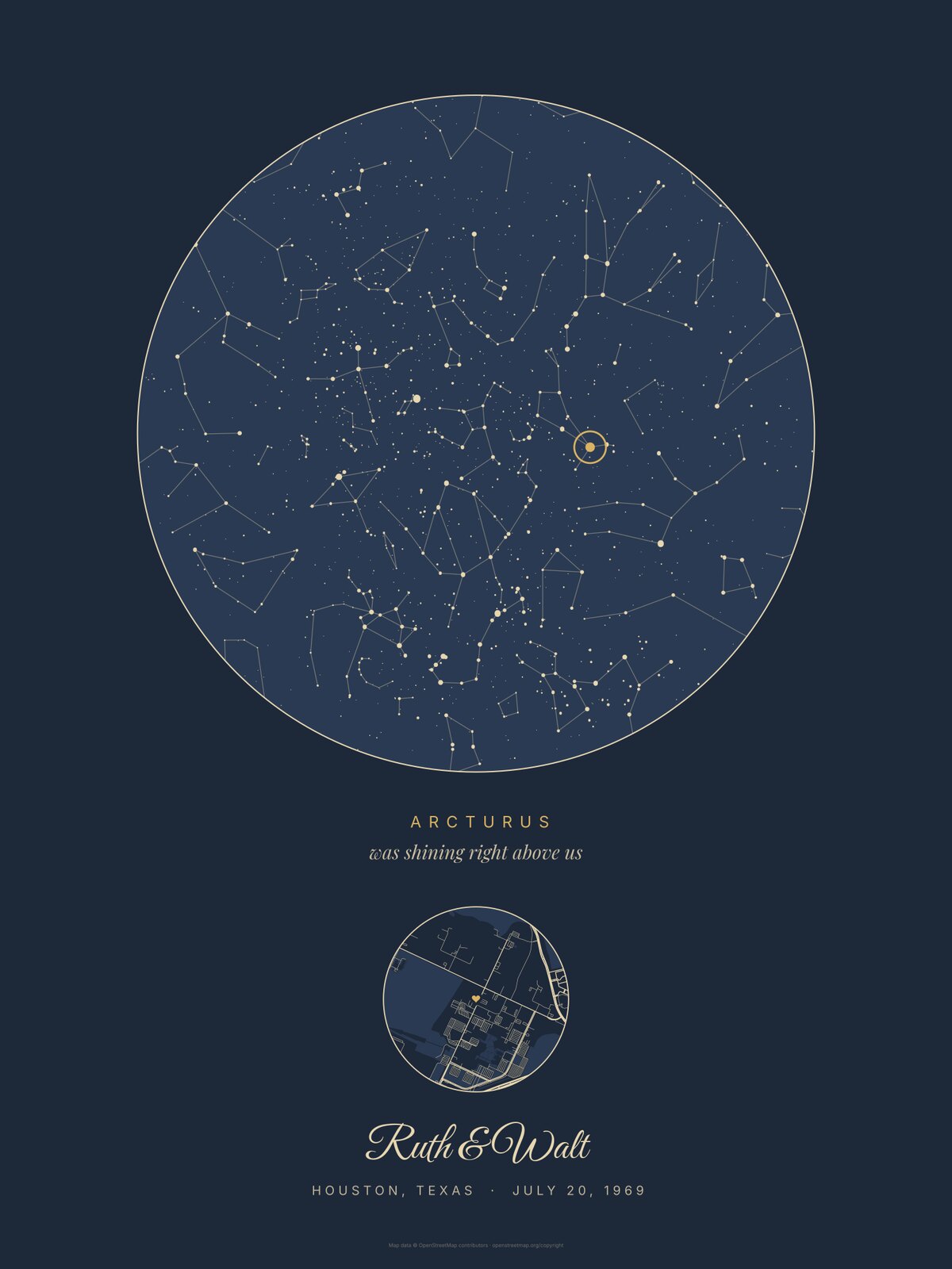 Star map print without a frame, an example: Our star in Navy for Houston, Texas, July 20, 1969, Arcturus circled and named, a small round street map with a heart and the names Ruth & Walt
