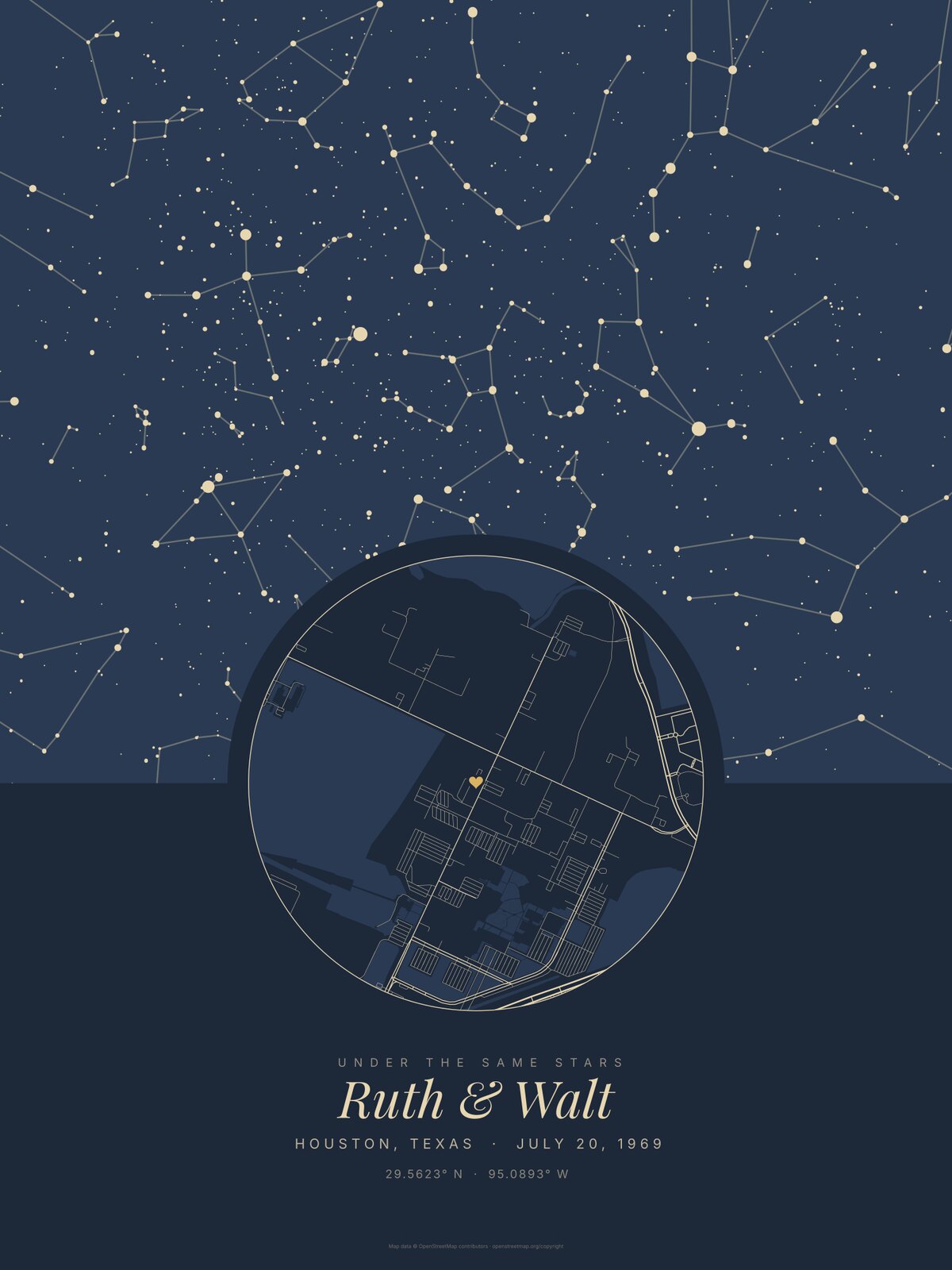 Under the stars in Navy for the same night: the sky above a large round street map of the space center
