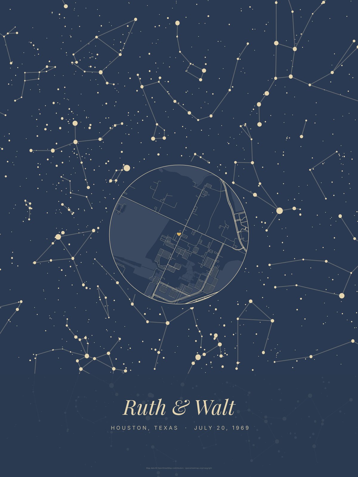 The whole night in Navy, same Houston night: stars over the full sheet with the street map in the middle