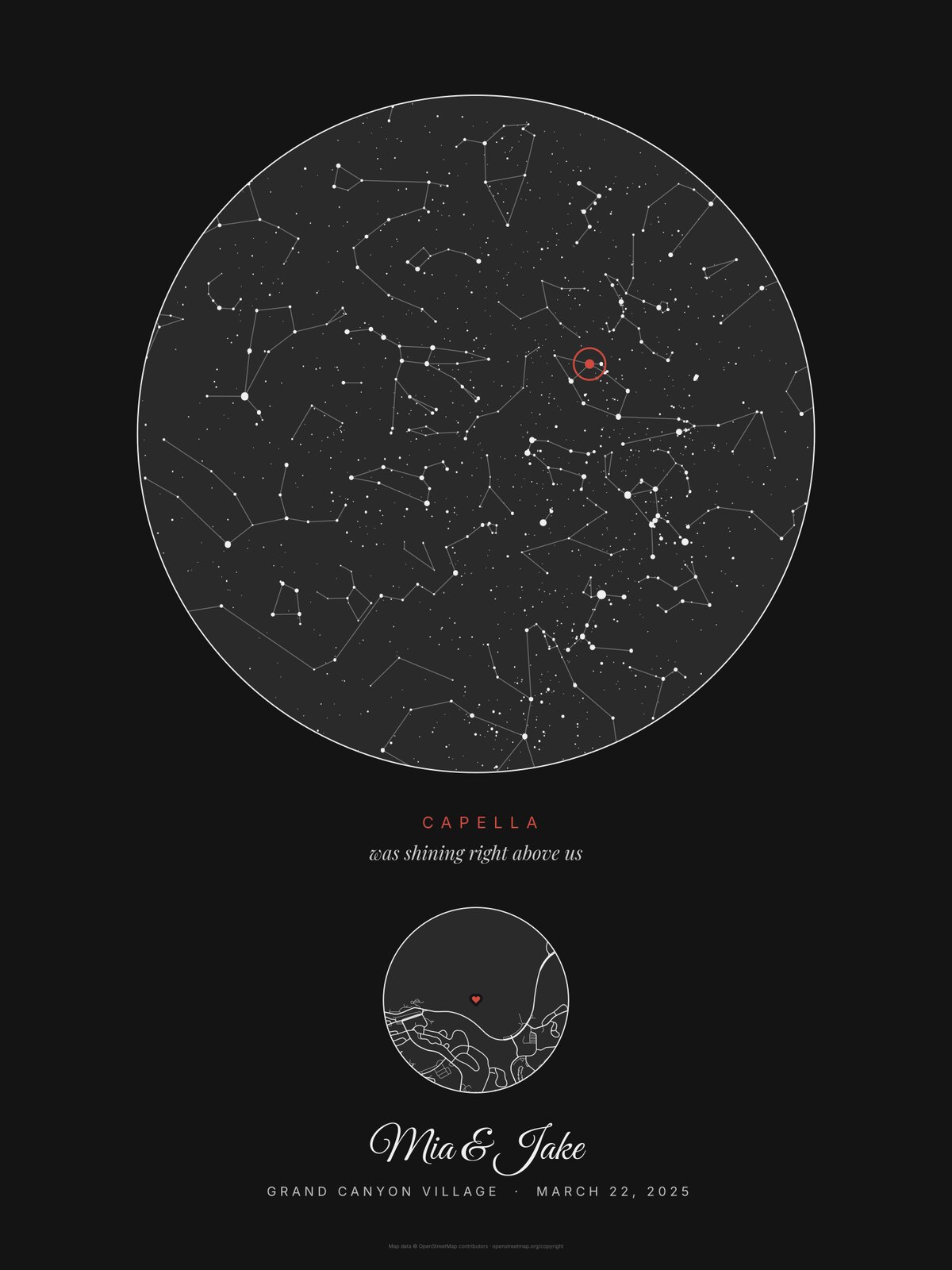 Star map gift for a boyfriend, an example print: Our star in Noir, the sky over Grand Canyon Village, Arizona, March 22, 2025, Capella circled and named, a small round map of the village roads with a heart, and the names Mia & Jake