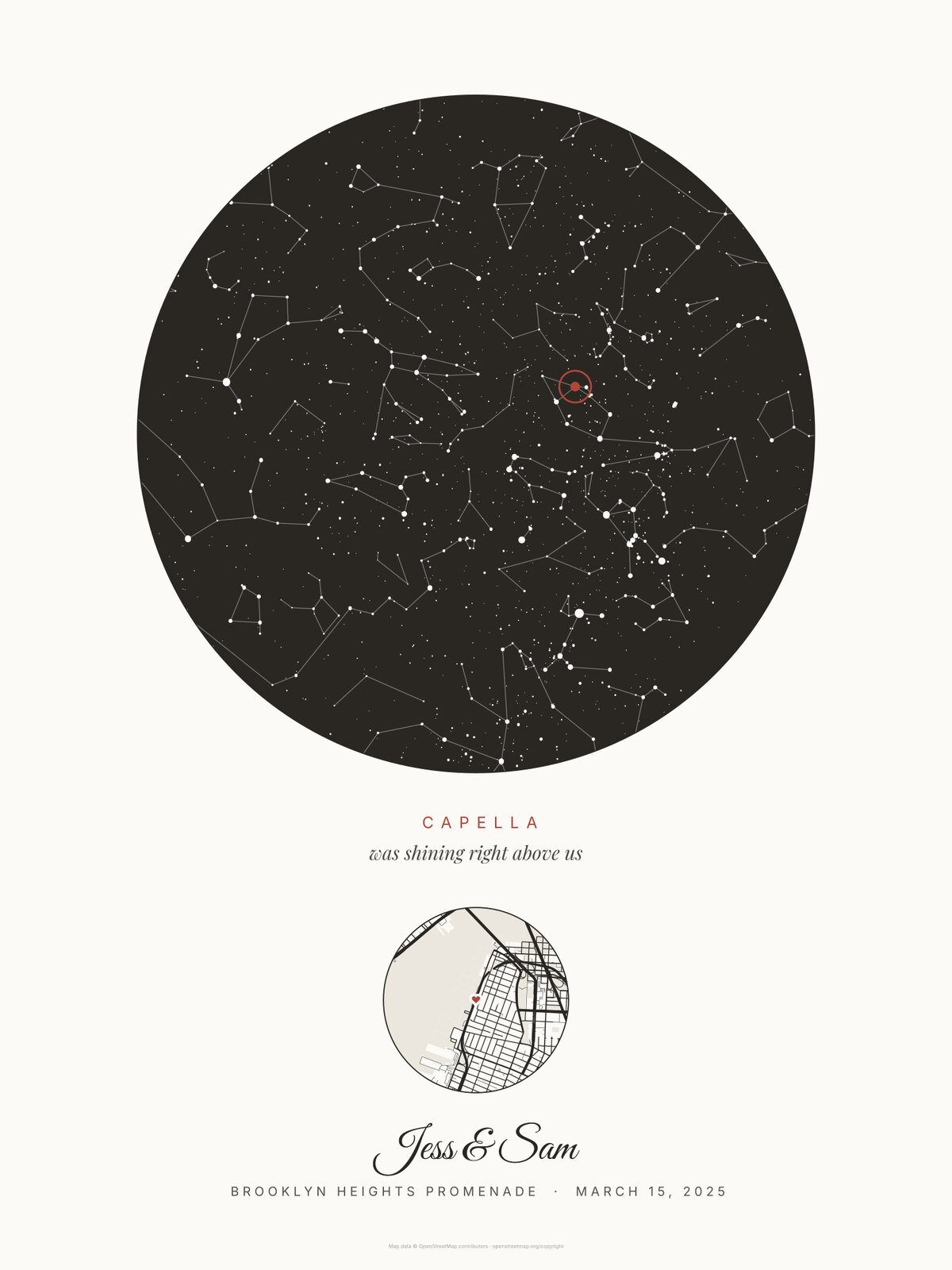 Star map gift for a girlfriend, an example print: Our star in Cream, the sky over the Brooklyn Heights Promenade, March 15, 2025, Capella circled and named, a small round map of the streets with a heart, and the names Jess & Sam