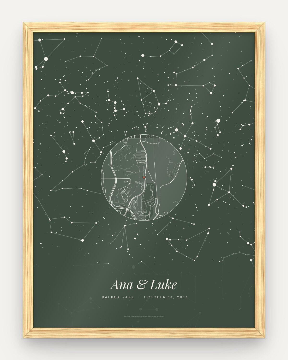 Star map gift for a wife in an oak frame, an example: The whole night in Sage, the sky over Balboa Park, San Diego, on October 14, 2017, a round street map with a heart, and the names Ana & Luke