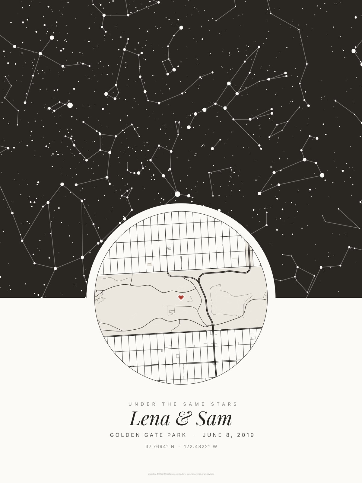 Flat print of an Under the same stars star map in Cream drawn by our print code, an example for Lena & Sam, the street map of Golden Gate Park, San Francisco, in a circle, June 8, 2019