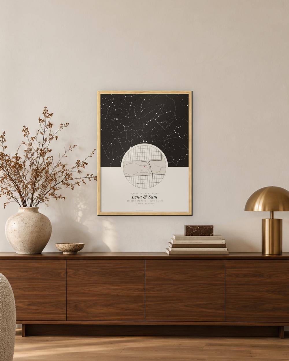 The same star map, Under the same stars in Cream, in an oak frame above a walnut sideboard, an example for Golden Gate Park, San Francisco