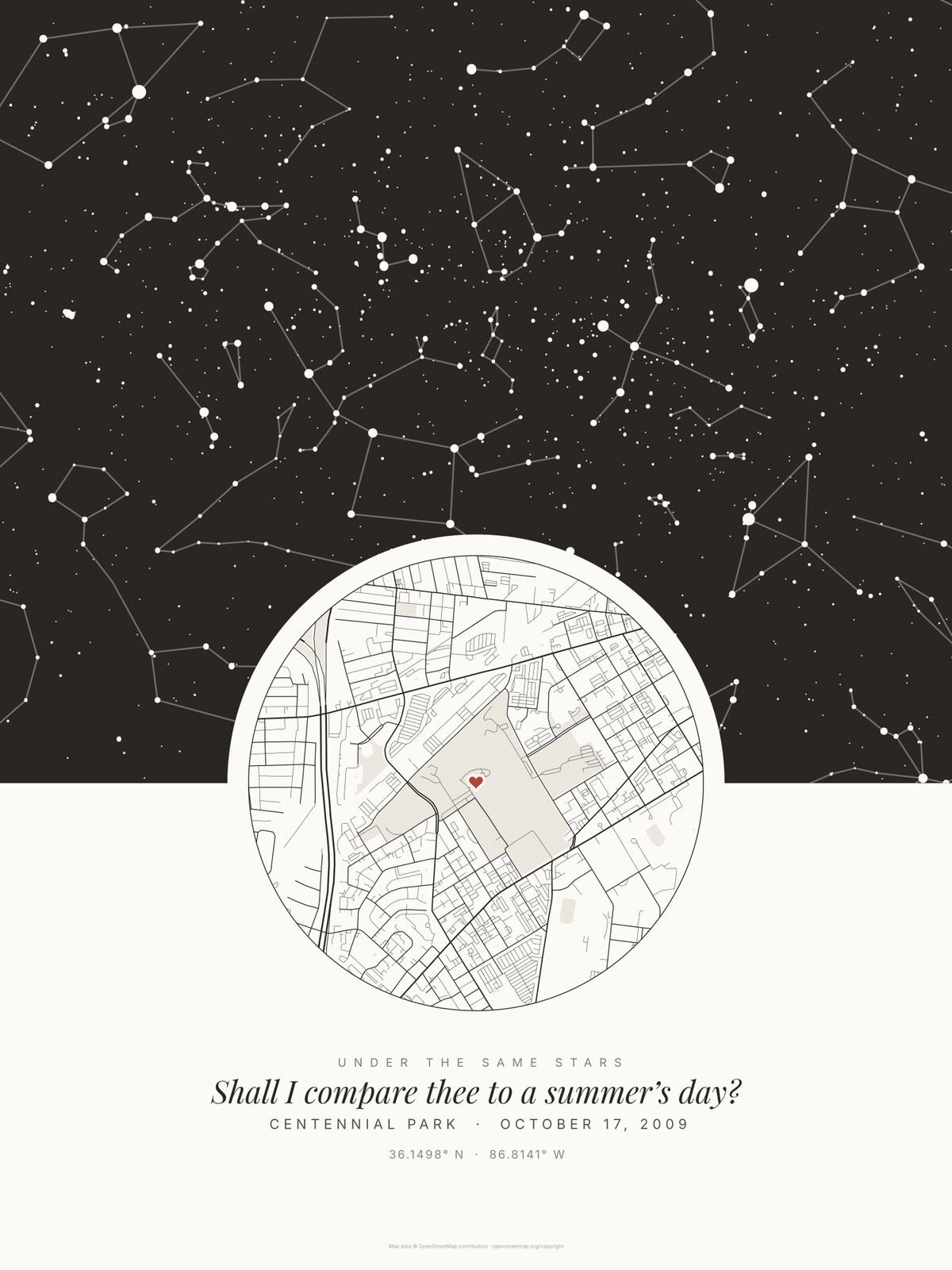 The same Cream Under the stars poster with the 39-character opening line of Sonnet 18 set in smaller italic letters