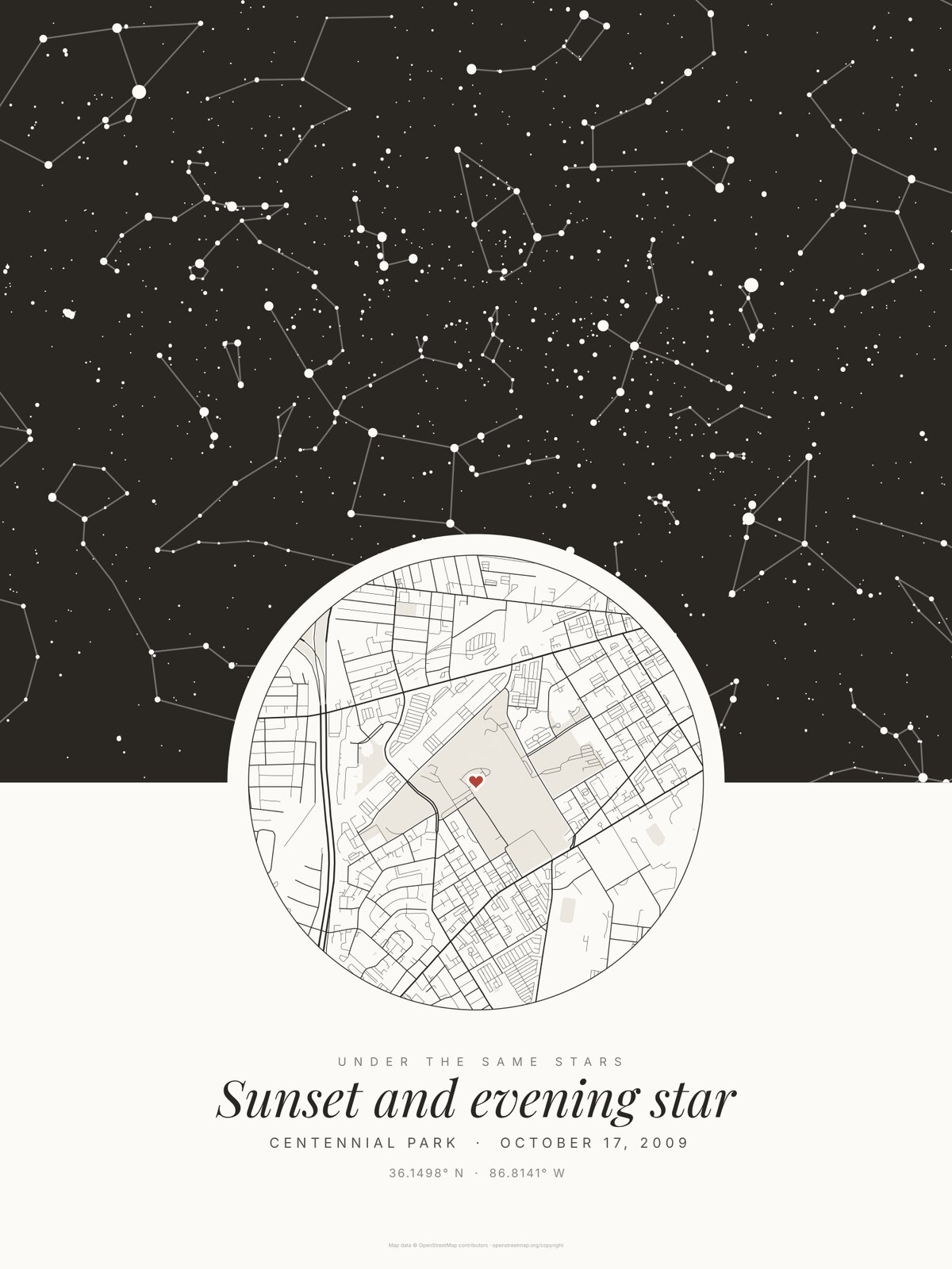Cream Under the stars poster for Centennial Park, October 17, 2009 with the 23-character line Sunset and evening star in large italic letters under UNDER THE SAME STARS