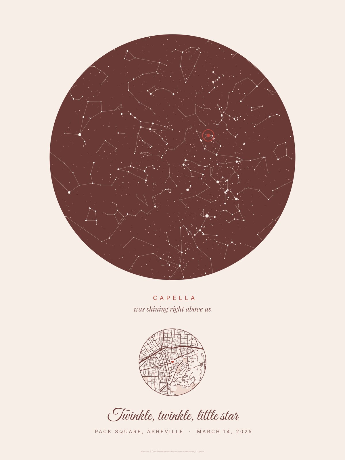 Blush Our star poster for a new baby, an example: Pack Square, Asheville, March 14, 2025, Capella circled, the line Twinkle, twinkle, little star in script under the street map