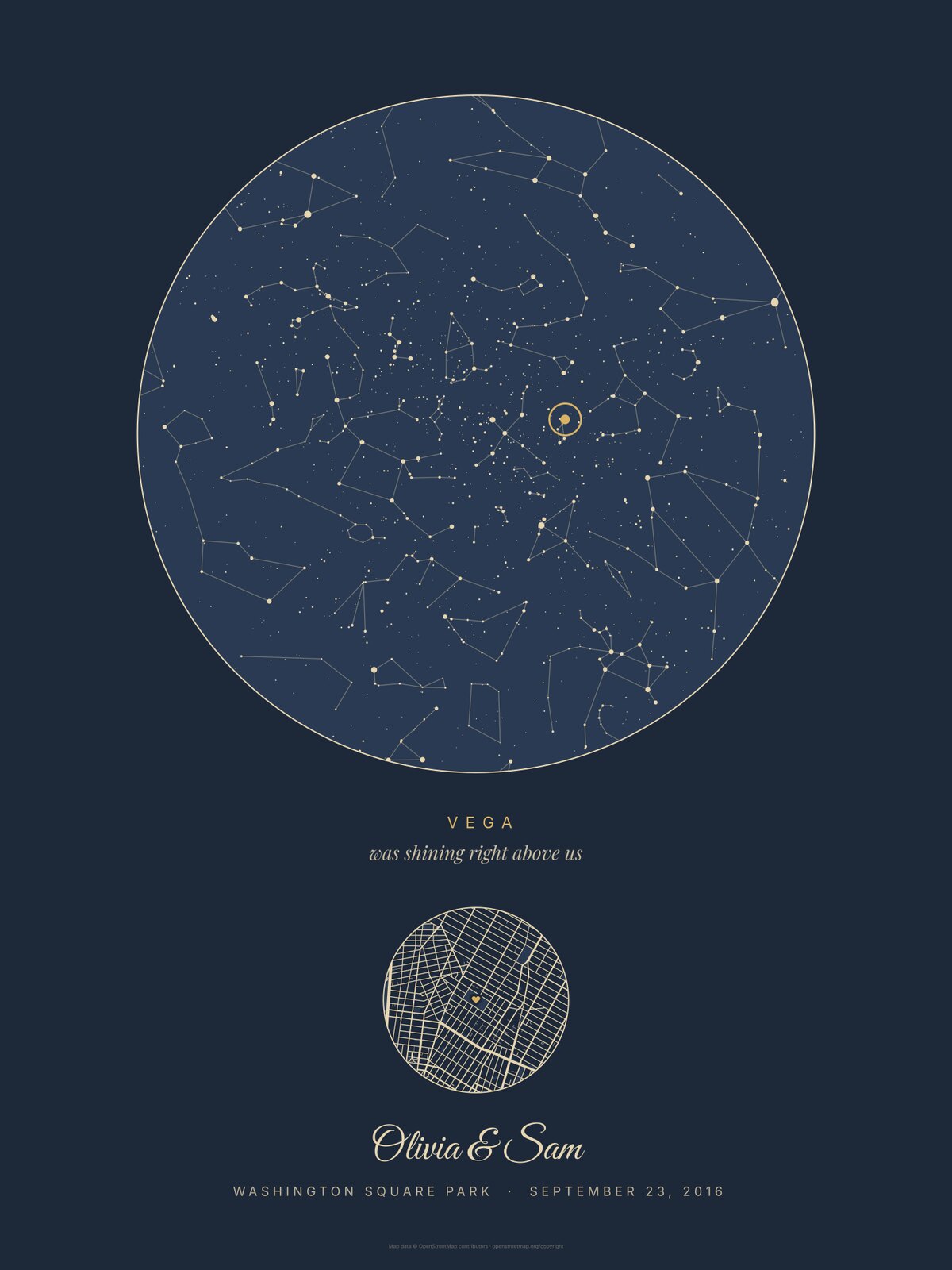 Navy star map print, unframed: round night sky with Vega circled, the words Vega was shining right above us, a small round street map with a heart, the names Olivia and Sam, Washington Square Park, September 23, 2016