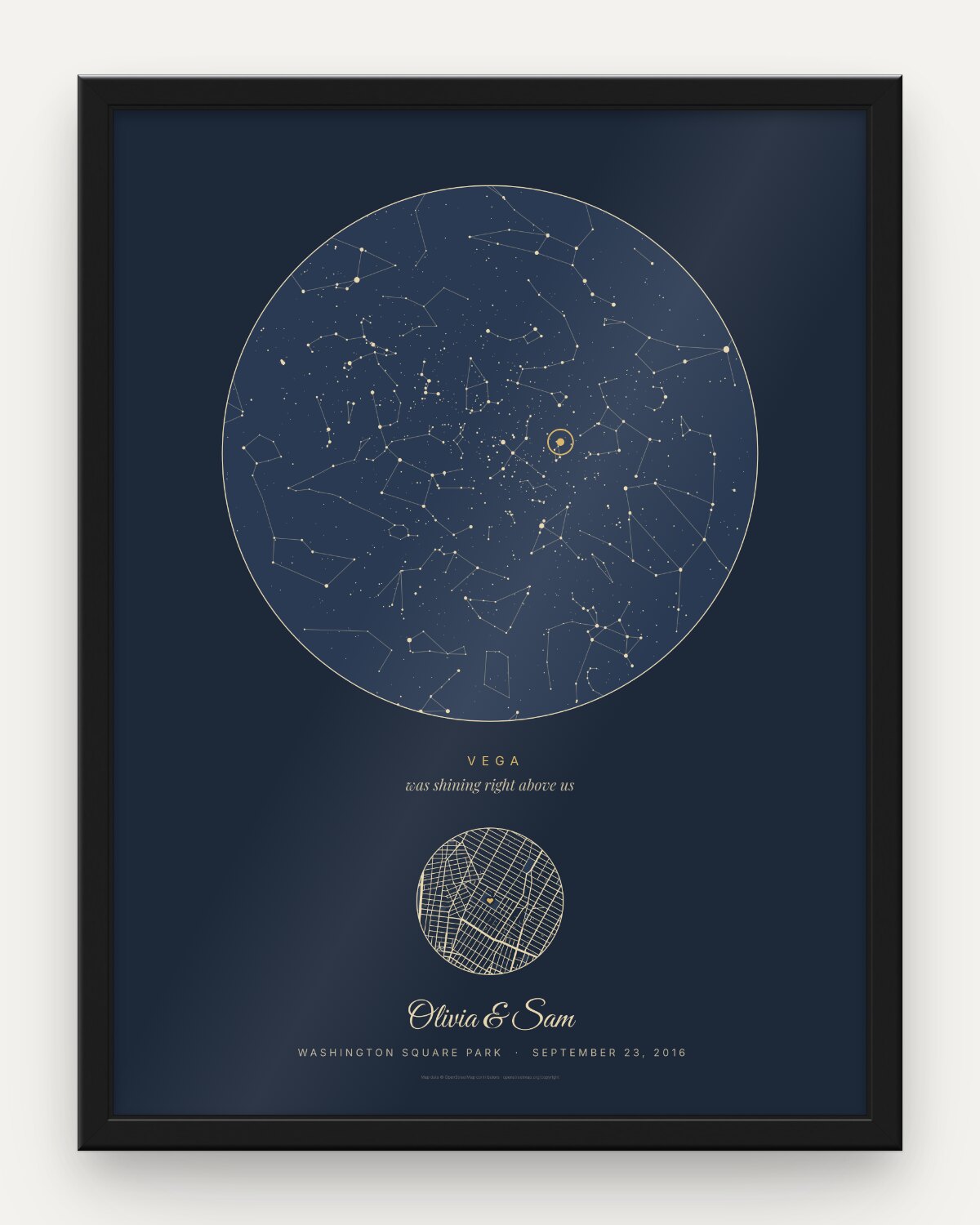 Navy star map in a black frame for Olivia and Sam, Washington Square Park, September 23, 2016, with Vega circled and named above a small street map