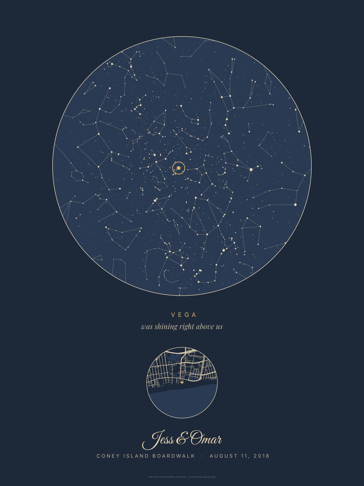 Star map print for a first date, an example: Our star in Navy for the Coney Island Boardwalk, Brooklyn, August 11, 2018, Vega circled, names Jess & Omar