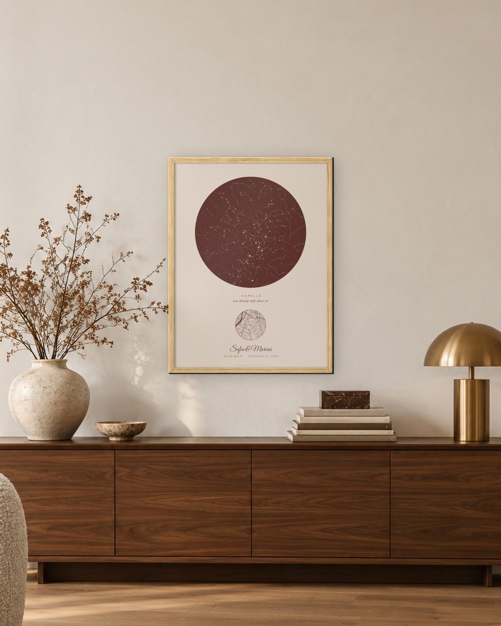 Valentine's Day star map in an oak frame above a walnut sideboard, an example: the Blush design for February 14, 2020 at the River Walk, San Antonio, names Sofia & Marcus