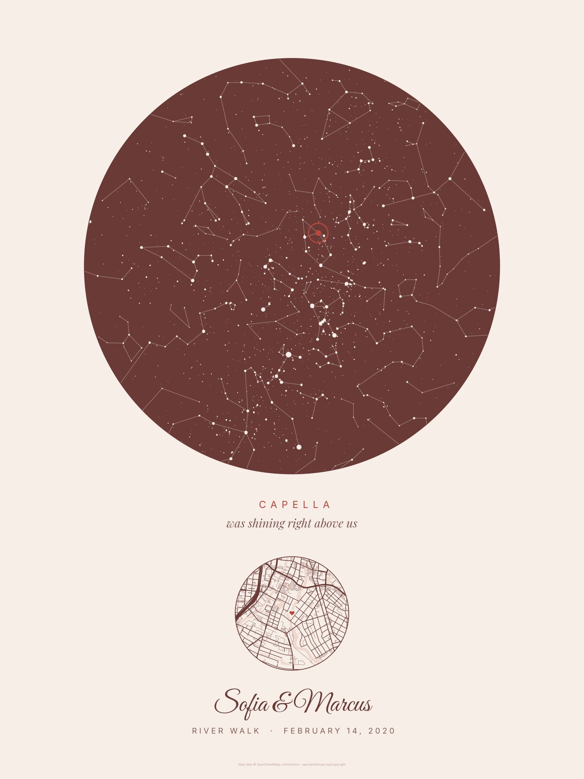 Valentine's Day star map print without a frame, an example made by the same code: the print file for Sofia & Marcus, River Walk, San Antonio, on Valentine's Day, February 14, 2020, Capella in a red ring above a small round street map