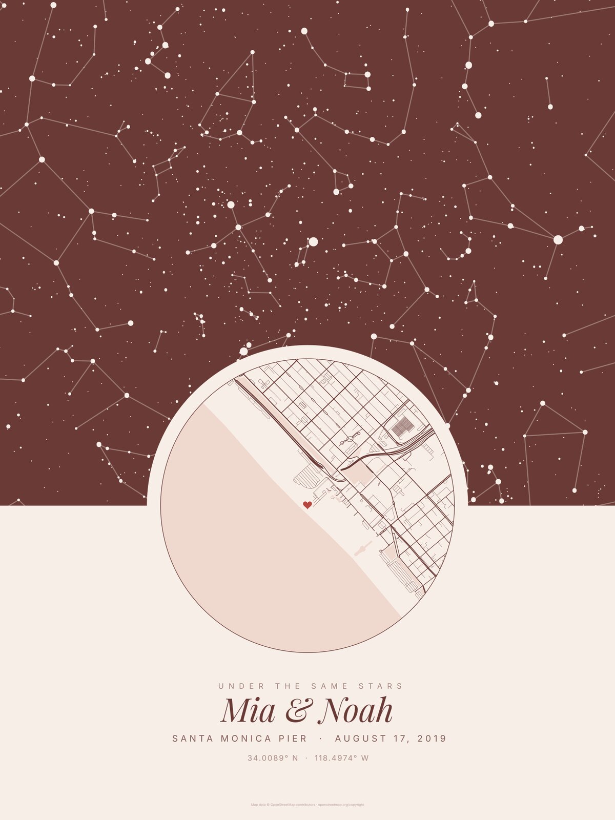Unframed wedding star map in Blush: the sky over Santa Monica Pier, a round street map of the pier and beach, Mia & Noah, August 17, 2019 and the coordinates 34.0089 N, 118.4974 W